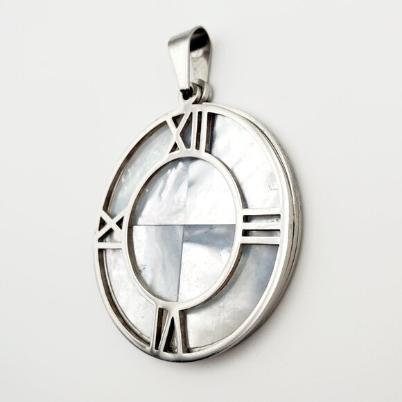 Large Mother of Pearl Clock Silver Pendant Stainless Steel Roman Numerals Sleek - Picture 6 of 7